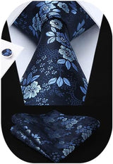 Floral Tie Handkerchief Cufflinks - NAVY BLUE