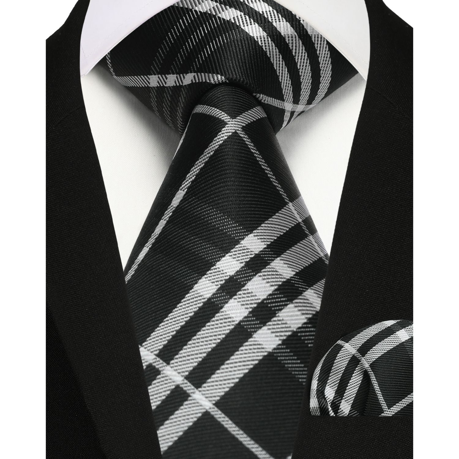 Plaid Tie Handkerchief Set - BLACK/WHITE