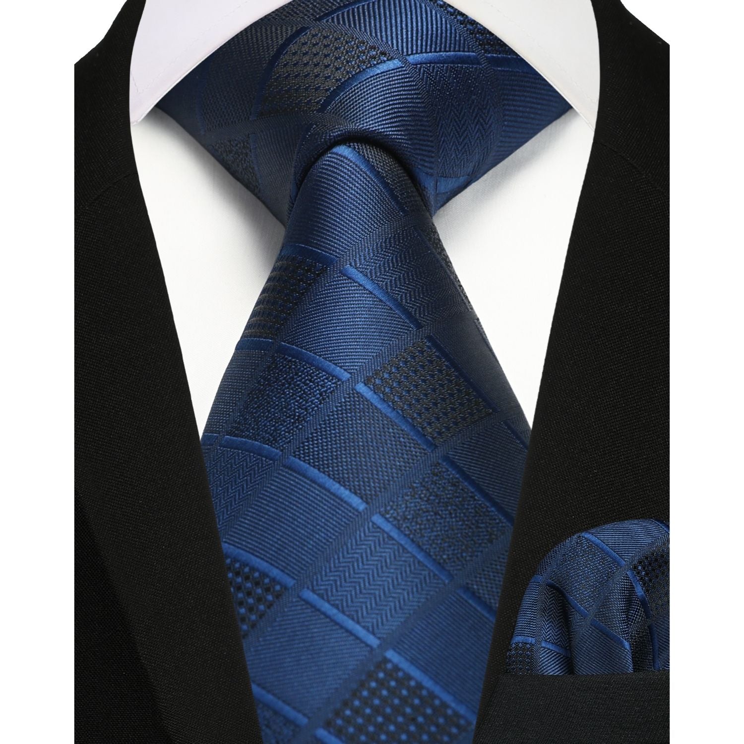 Plaid Tie Handkerchief Set - DARK BLUE