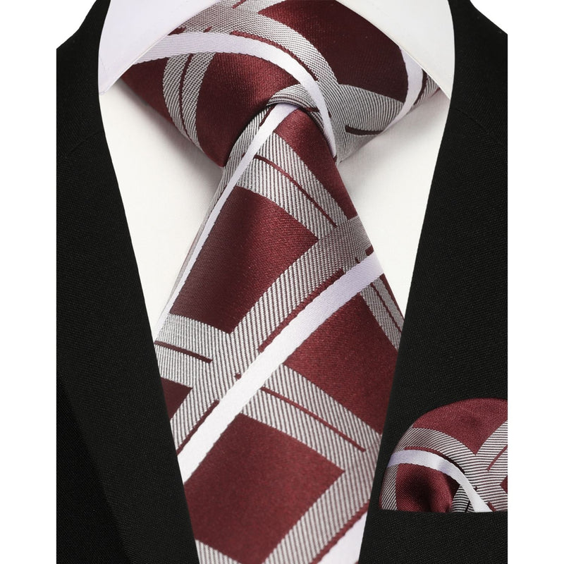 Plaid Tie Handkerchief Set - BURGUNDY/WHITE 