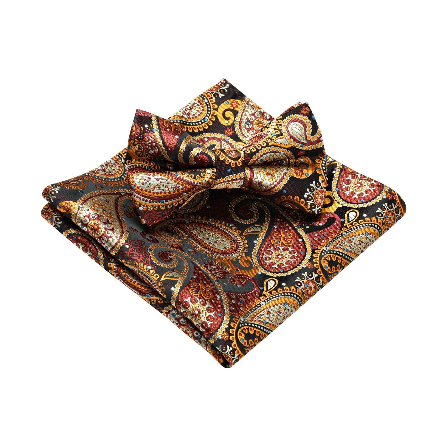 Paisley Pre-Tied Bow Tie & Pocket Square - F-ORANGE 2