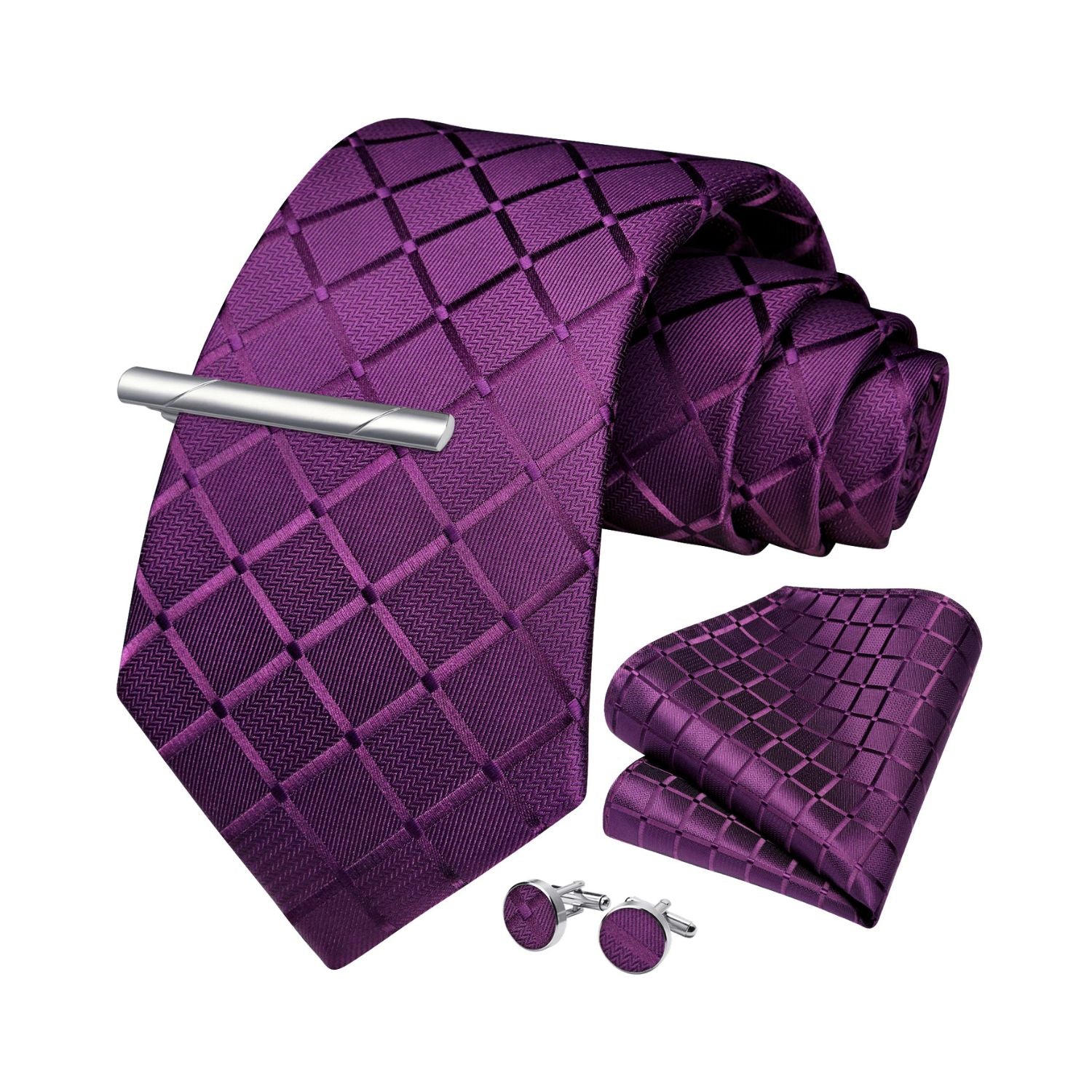 Plaid Tie Handkerchief Cufflinks Clip - PURPLE
