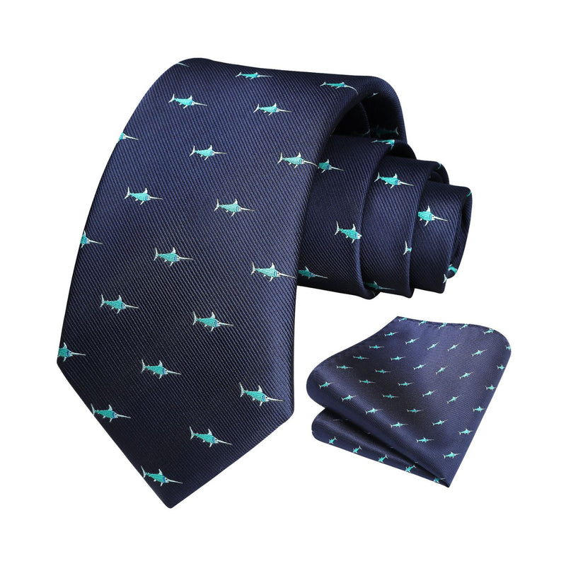 Swordfish Tie Handkerchief Set - NAVY BLUE 