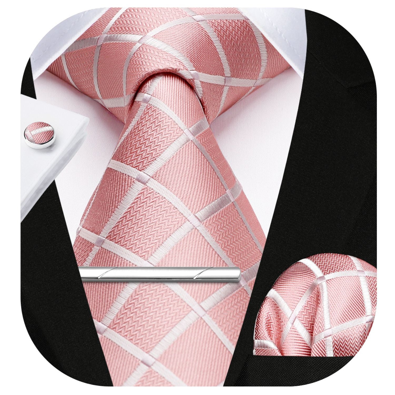 Plaid Tie Handkerchief Cufflinks Clip - BABY PINK