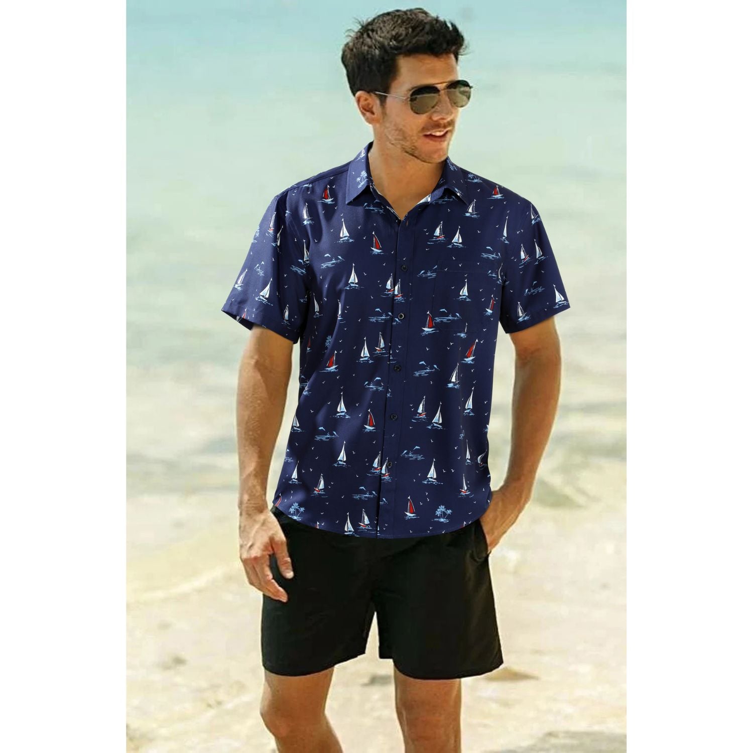 Hawaiian Tropical Shirts with Pocket - B-05 NAVY BLUE
