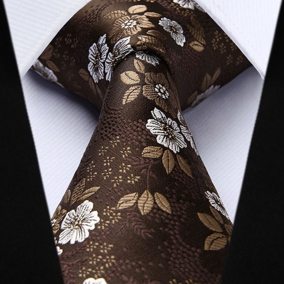 Floral 3.4 inch Tie Handkerchief Set - 11-BROWN/WHITE