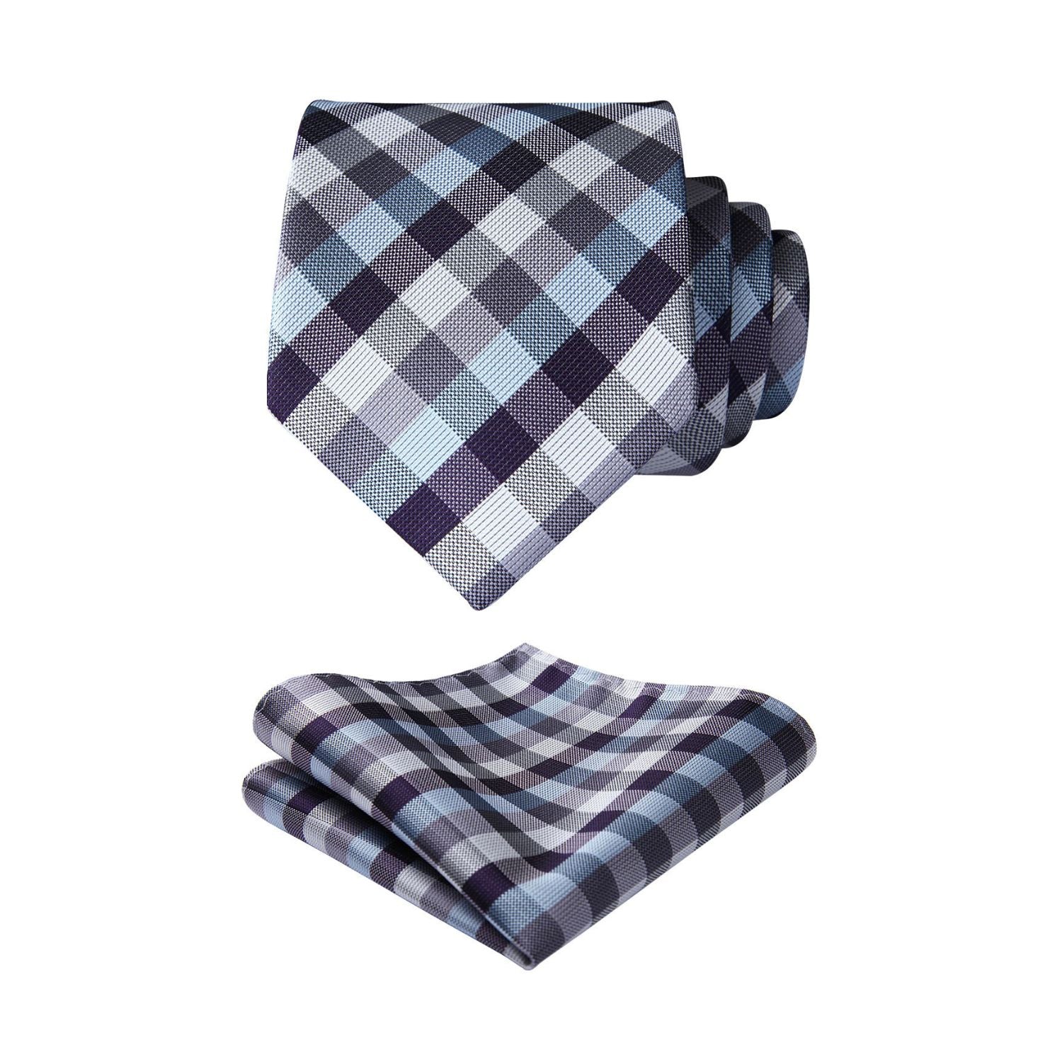 Plaid Tie Handkerchief Set - B-BLUE & GRAY/WHITE CHECK
