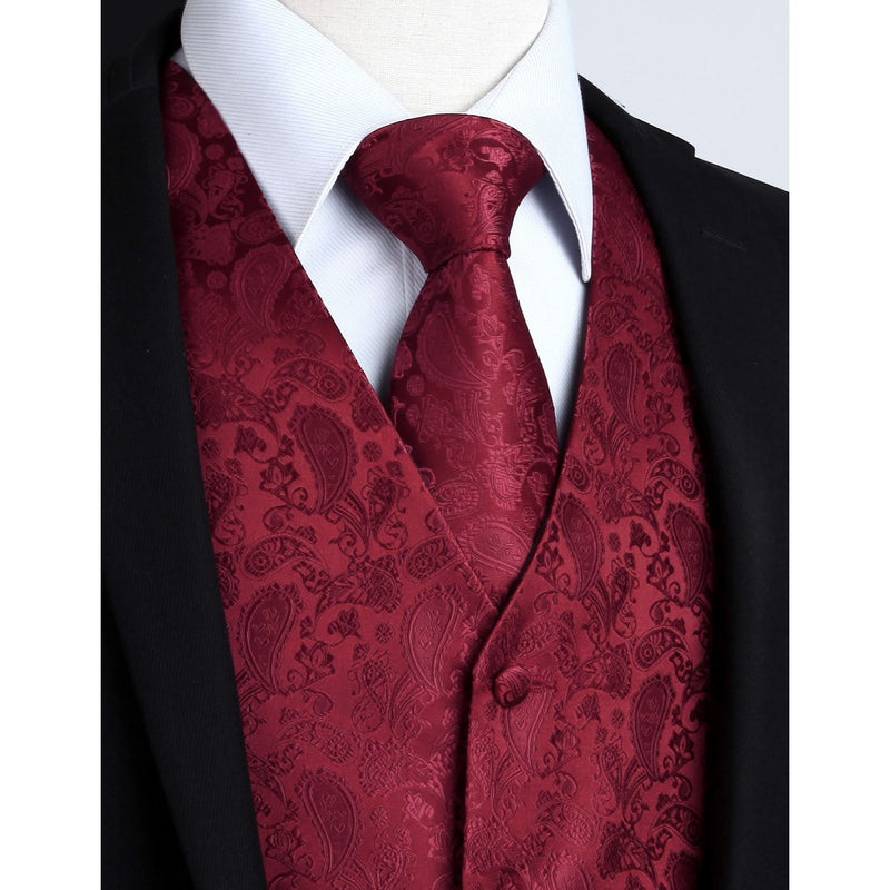 Paisley Vest Tie Handkerchief Set - BURGUNDY