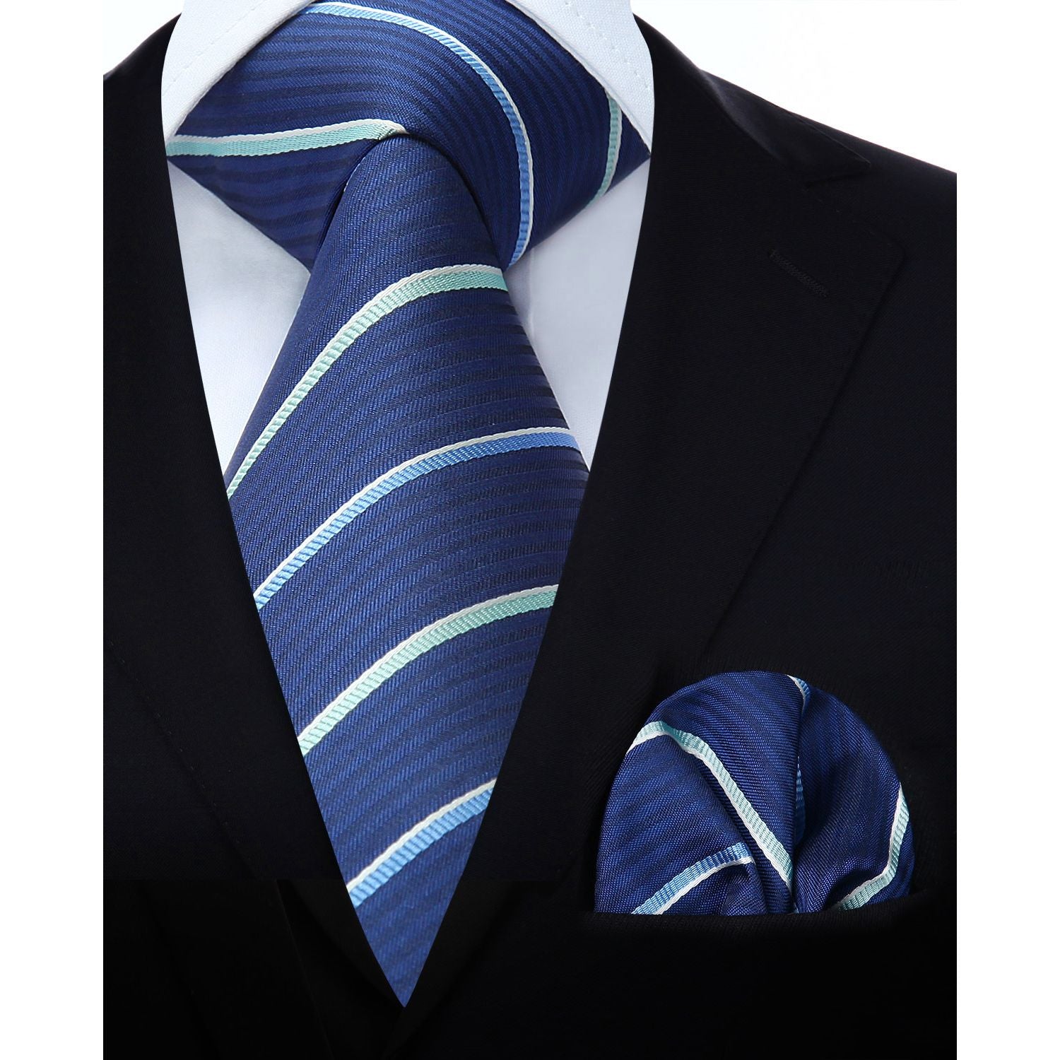 Stripe Tie Handkerchief Set - V- NAVY BLUE-10