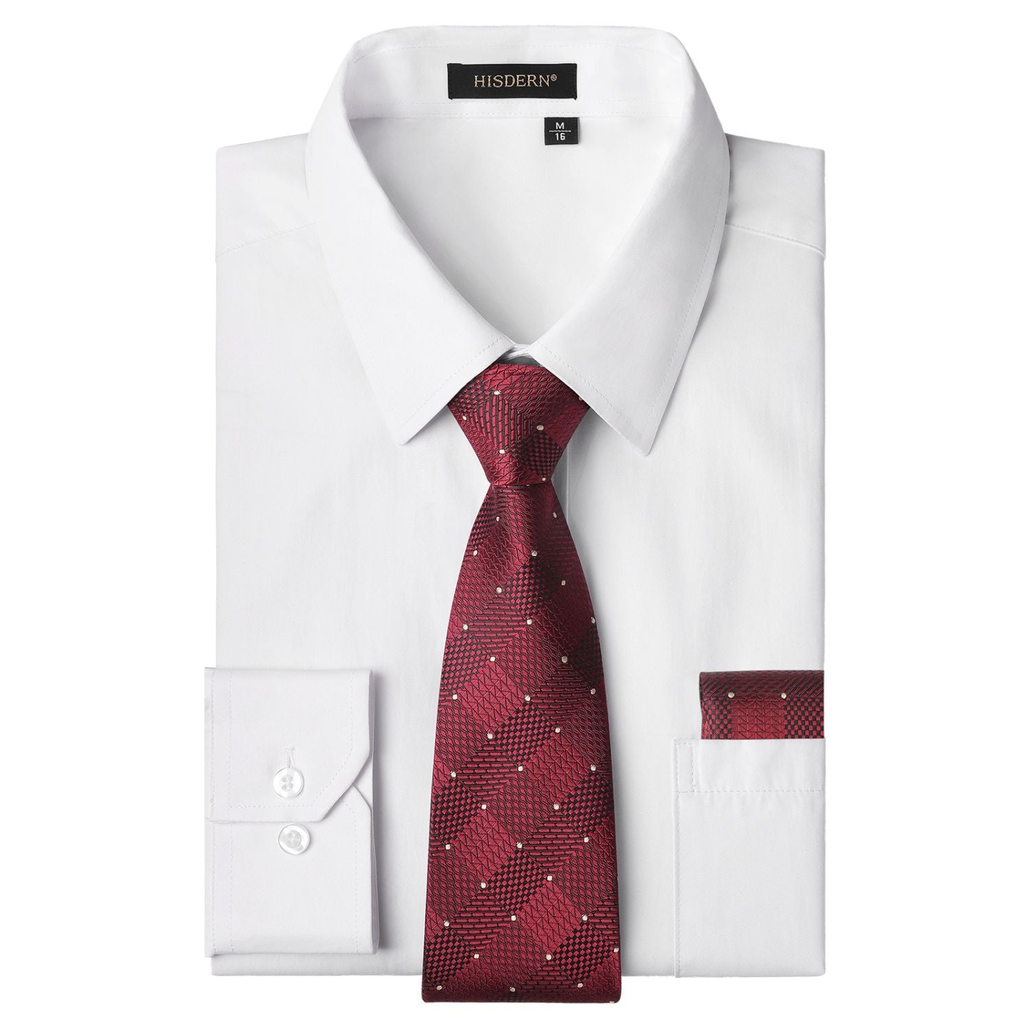 Men's Shirt with Tie Handkerchief Set - 02-WHITE/RED