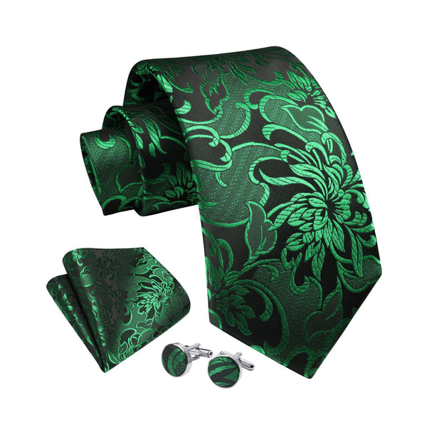 Floral Tie Handkerchief Cufflinks - A-GREEN2 