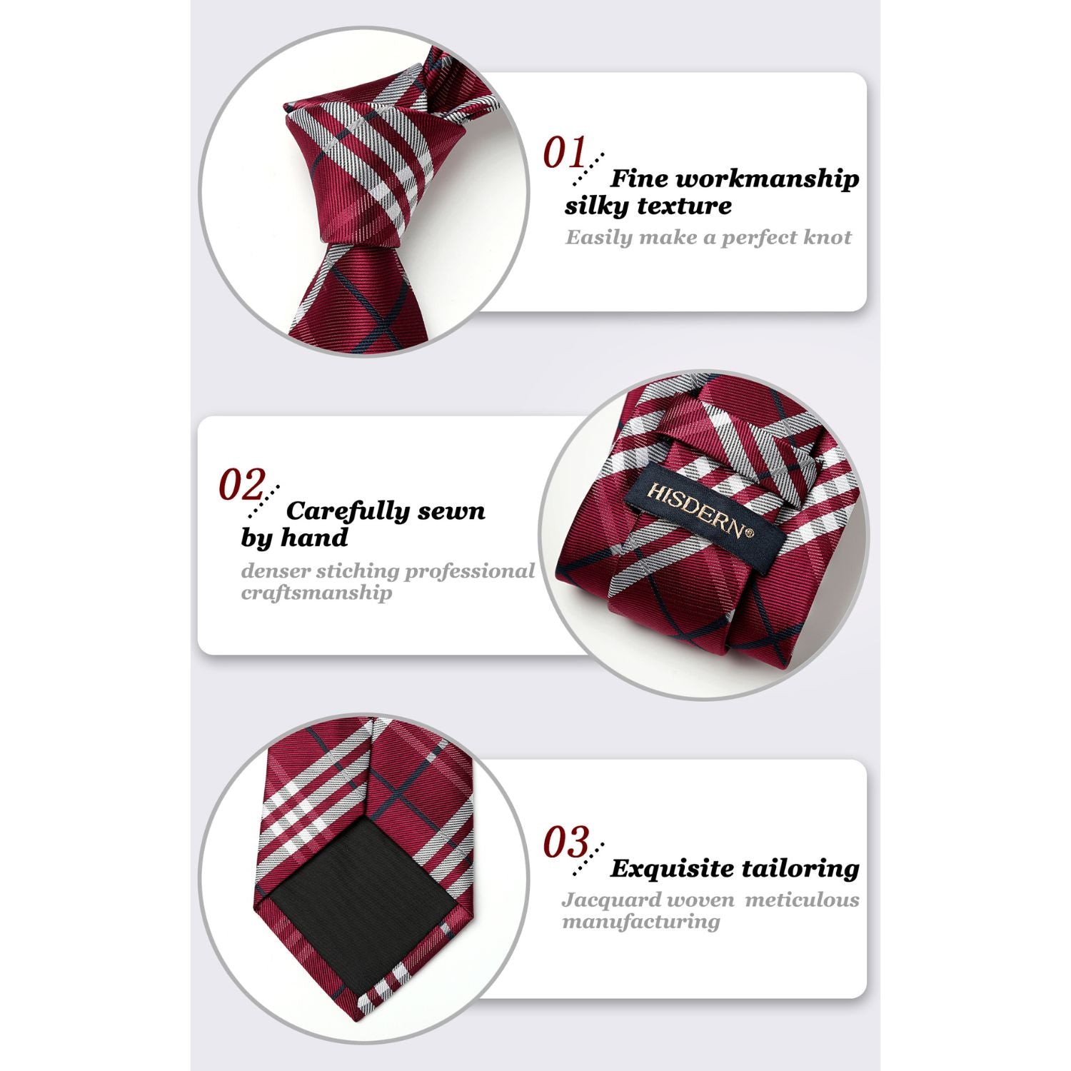 Plaid Tie Handkerchief Set - 062-BURGUNDY/GREY/BLACK