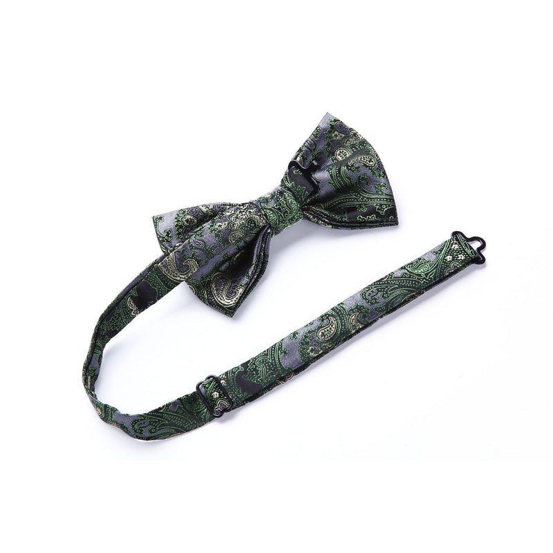 Paisley Floral Suspender Pre-Tied Bow Tie Handkerchief - D8-GREEN /GRAY 