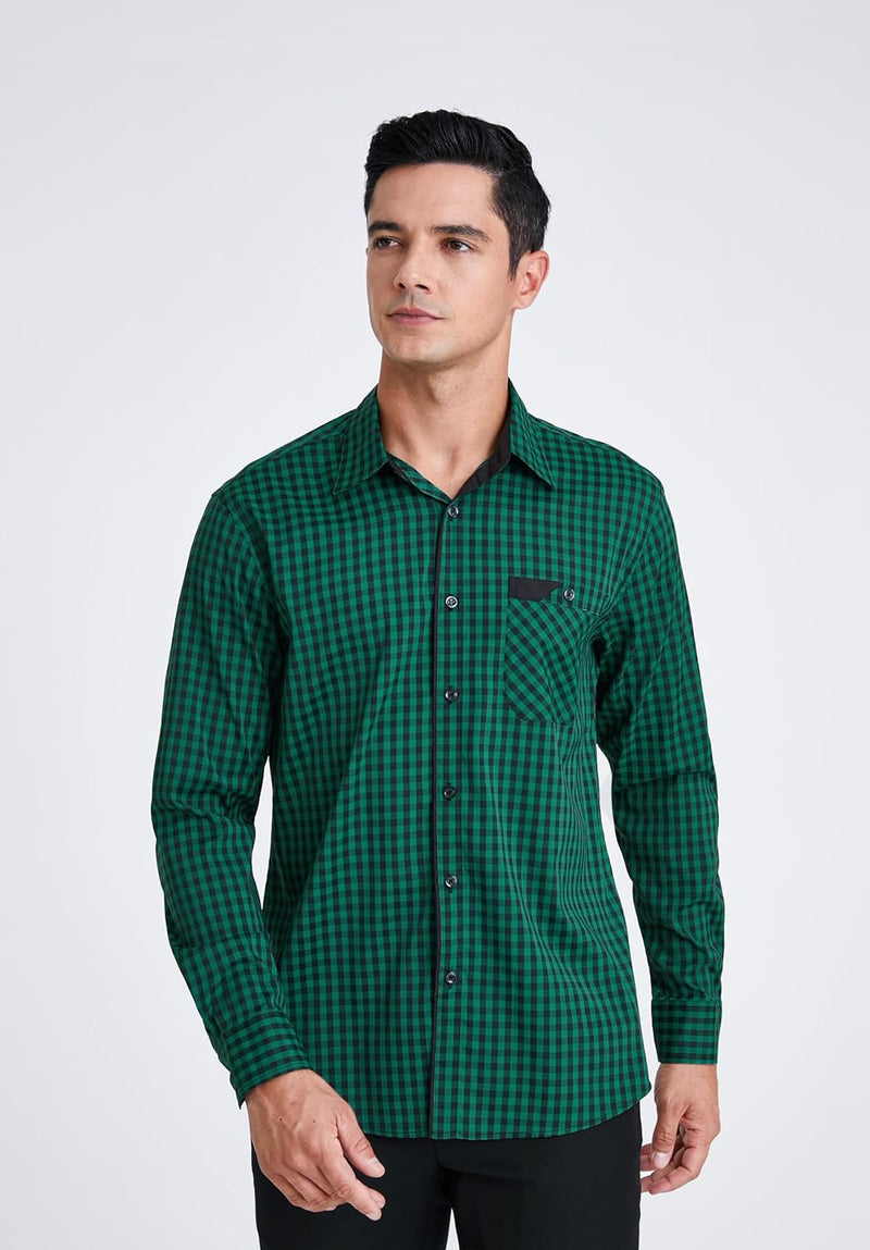 Men's Casual Long Sleeve Plaid Shirt - D-GREEN