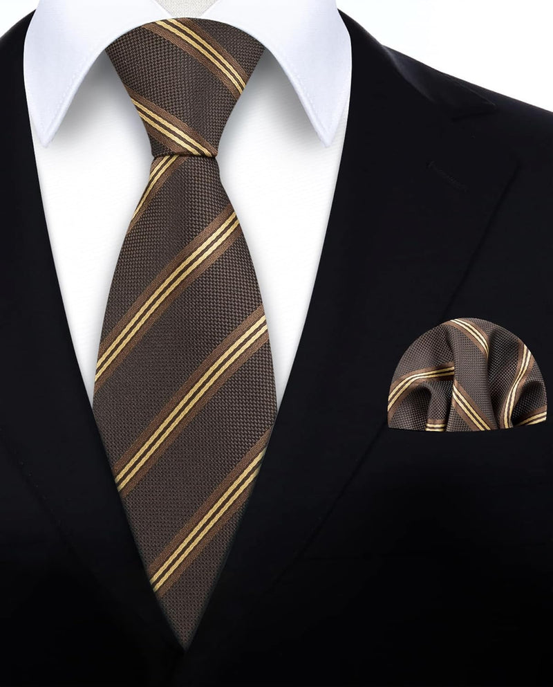 Stripe Tie Handkerchief Set - A-09-BROWN/GOLD