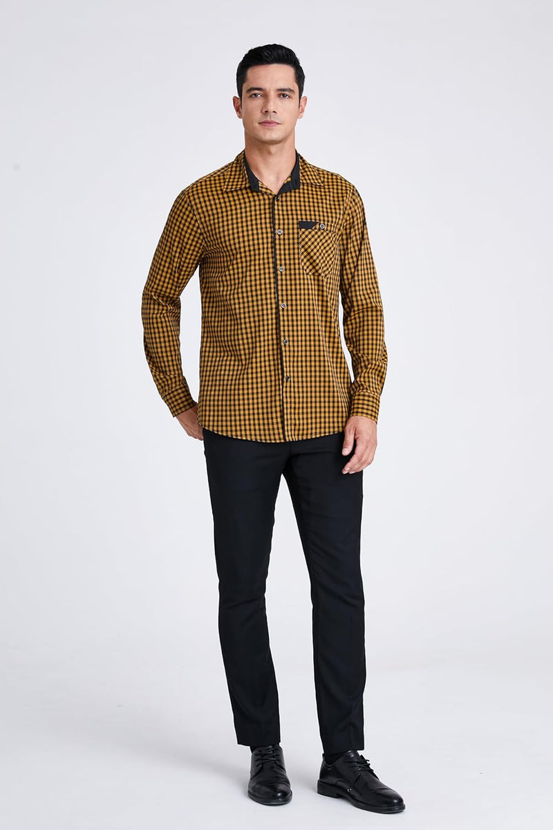 Men's Casual Long Sleeve Plaid Shirt - C-YELLOW