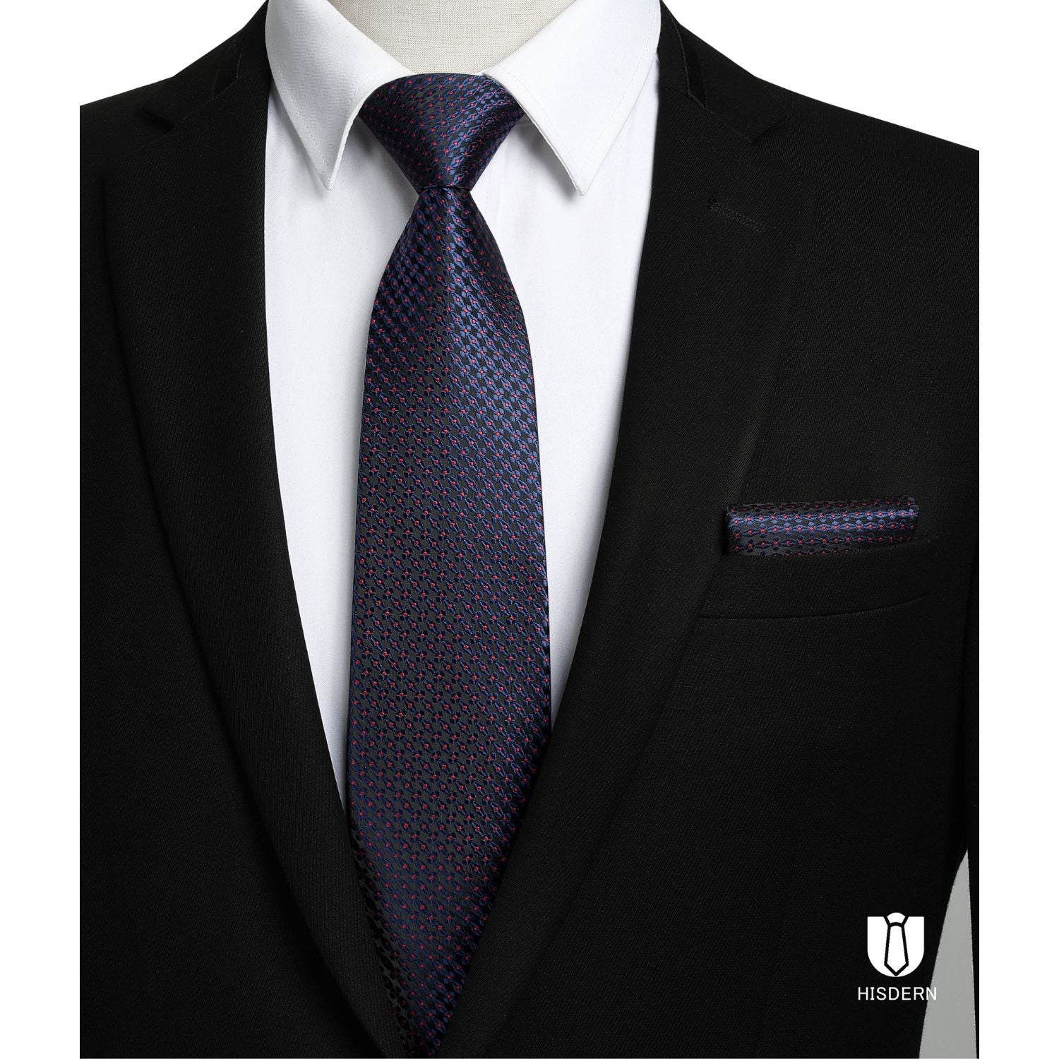 Houndstooth Tie Handkerchief Set - BLUE/RED