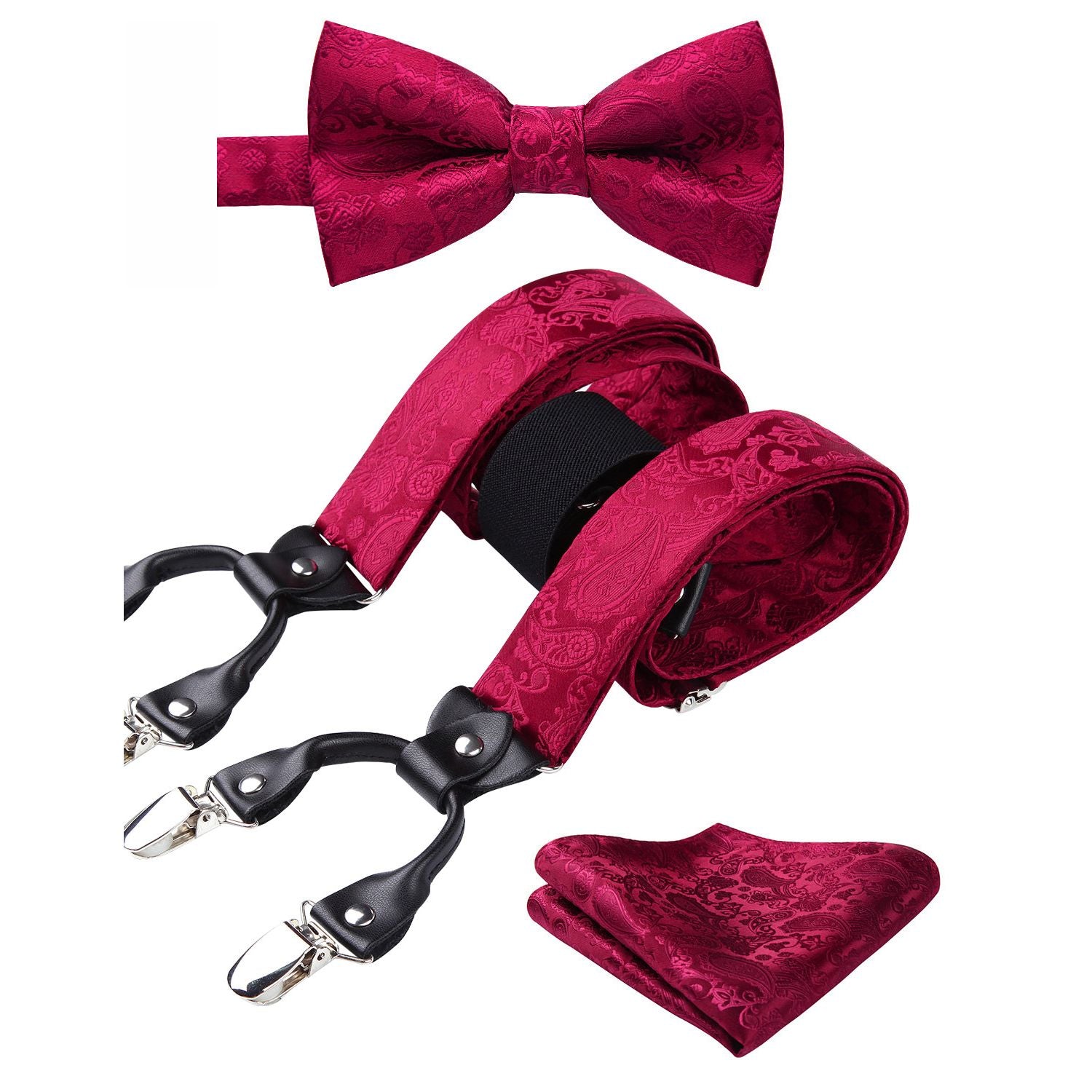 Paisley Floral Suspender Pre-Tied Bow Tie Handkerchief - A14 - RED