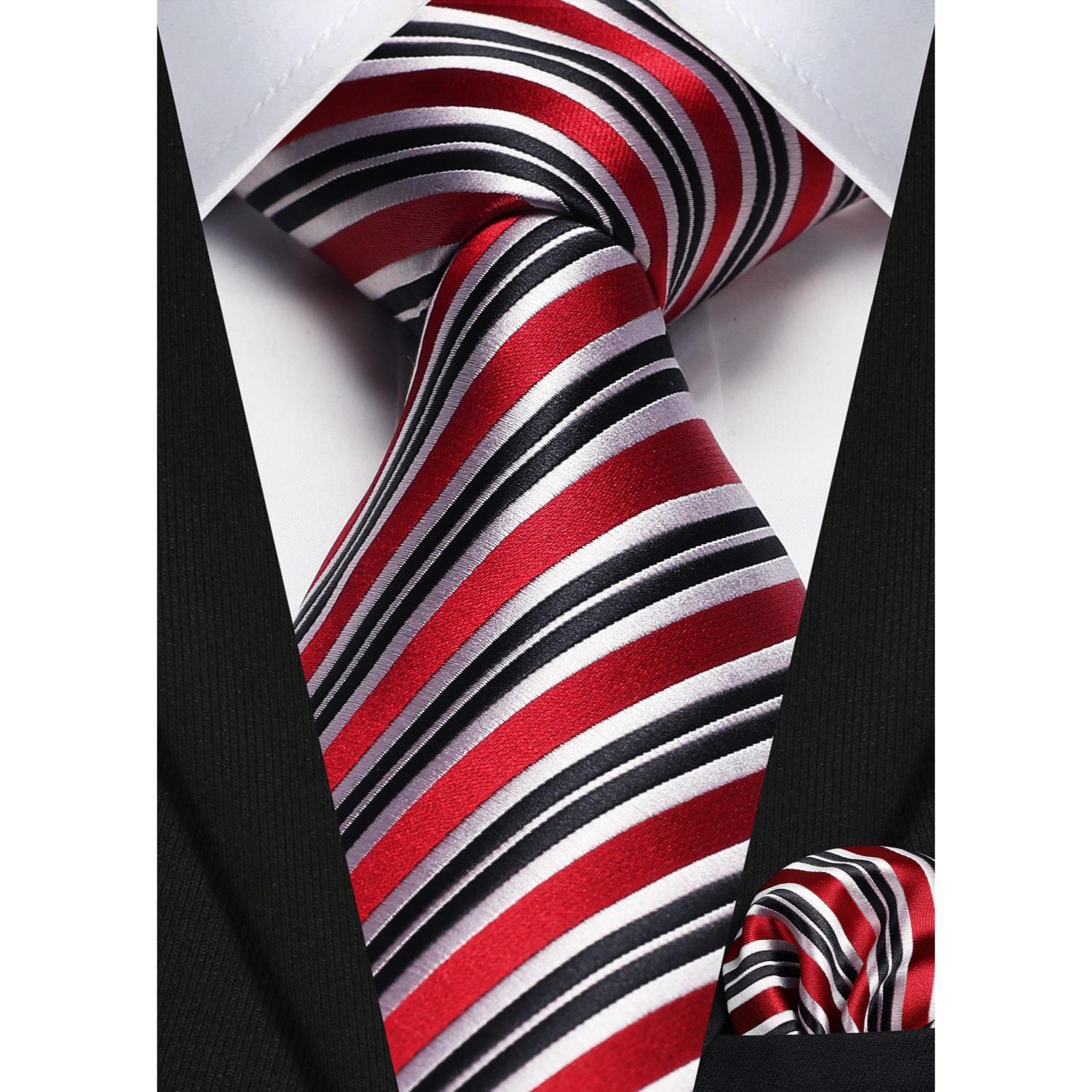Stripe Tie Handkerchief Set - RED/WHITE/BLACK