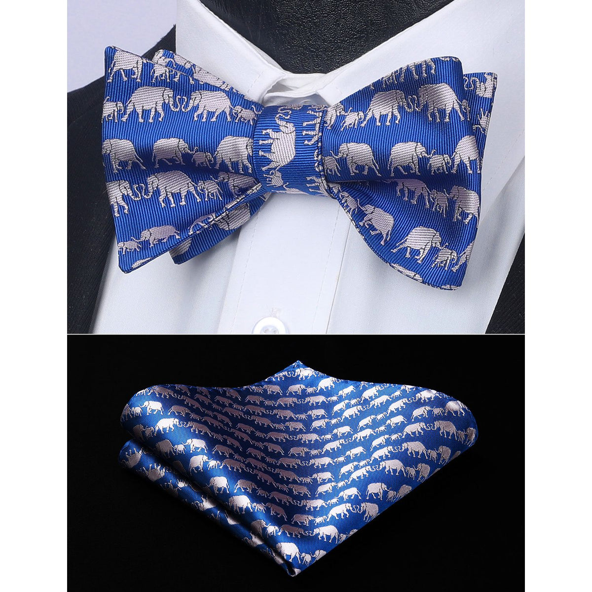 Elephant Bow Tie & Pocket Square - BLUE