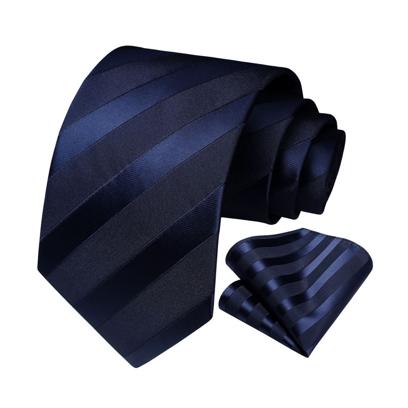 Stripe Tie Handkerchief Set - 03-NAVY BLUE 