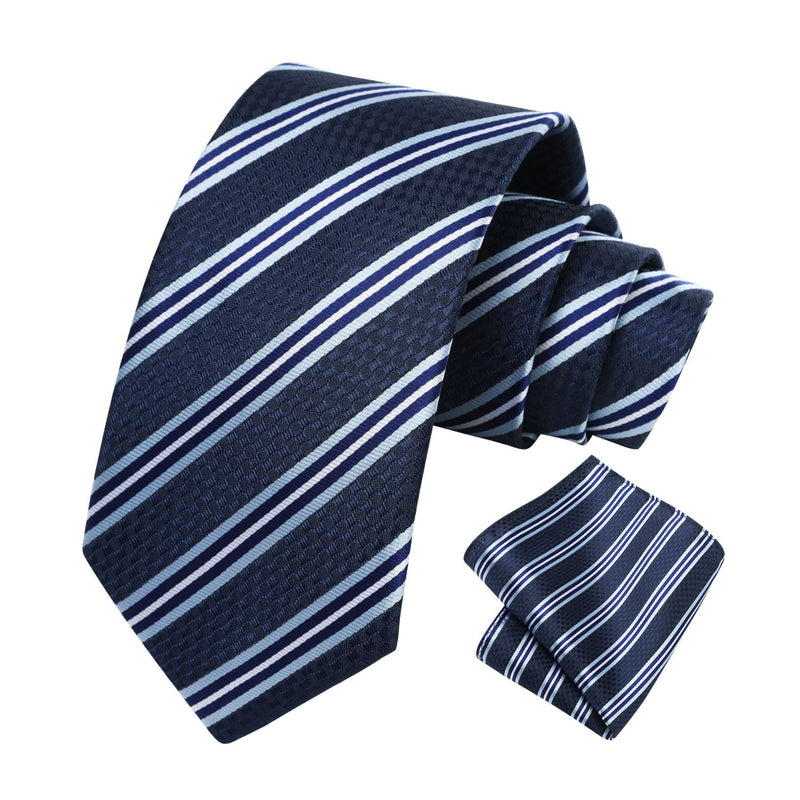 Stripe Tie Handkerchief Set - 13-NAVY BLUE 1 