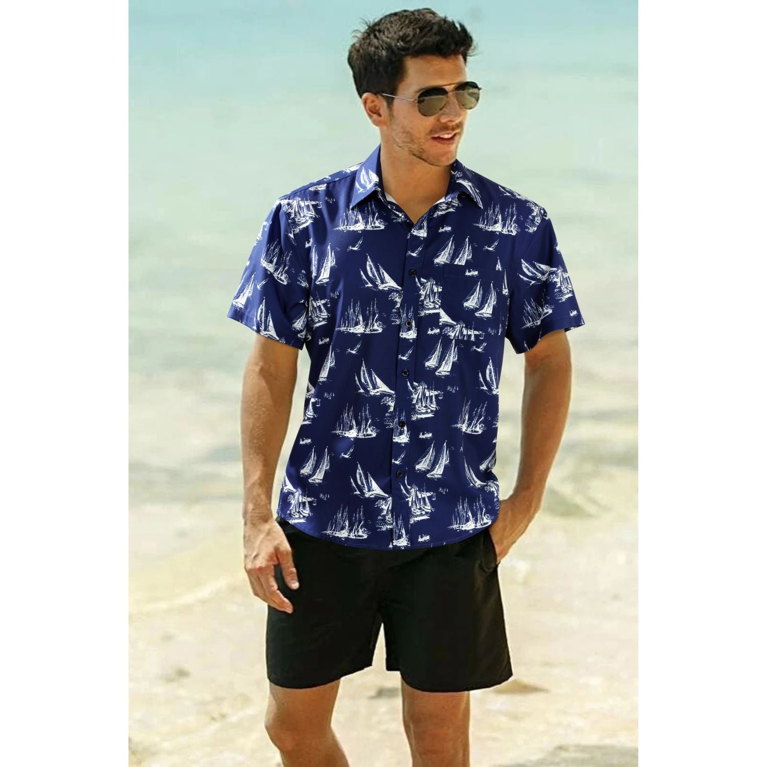 Hawaiian Tropical Shirts with Pocket - B-04 NAVY BLUE
