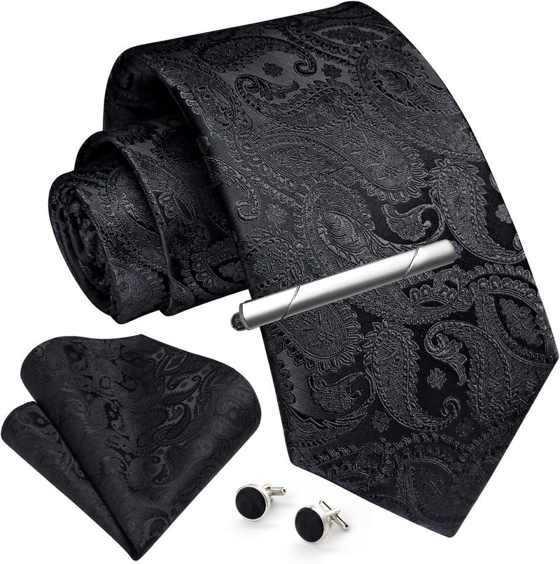 Paisley Tie Handkerchief Cufflinks Clip - BLACK