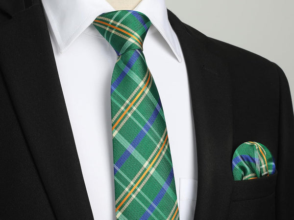 Men's Plaid Tie Handkerchief Set - 022-GREEN