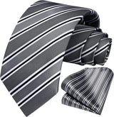 Stripe Tie Handkerchief Set - G-08-SILVER/BLACK