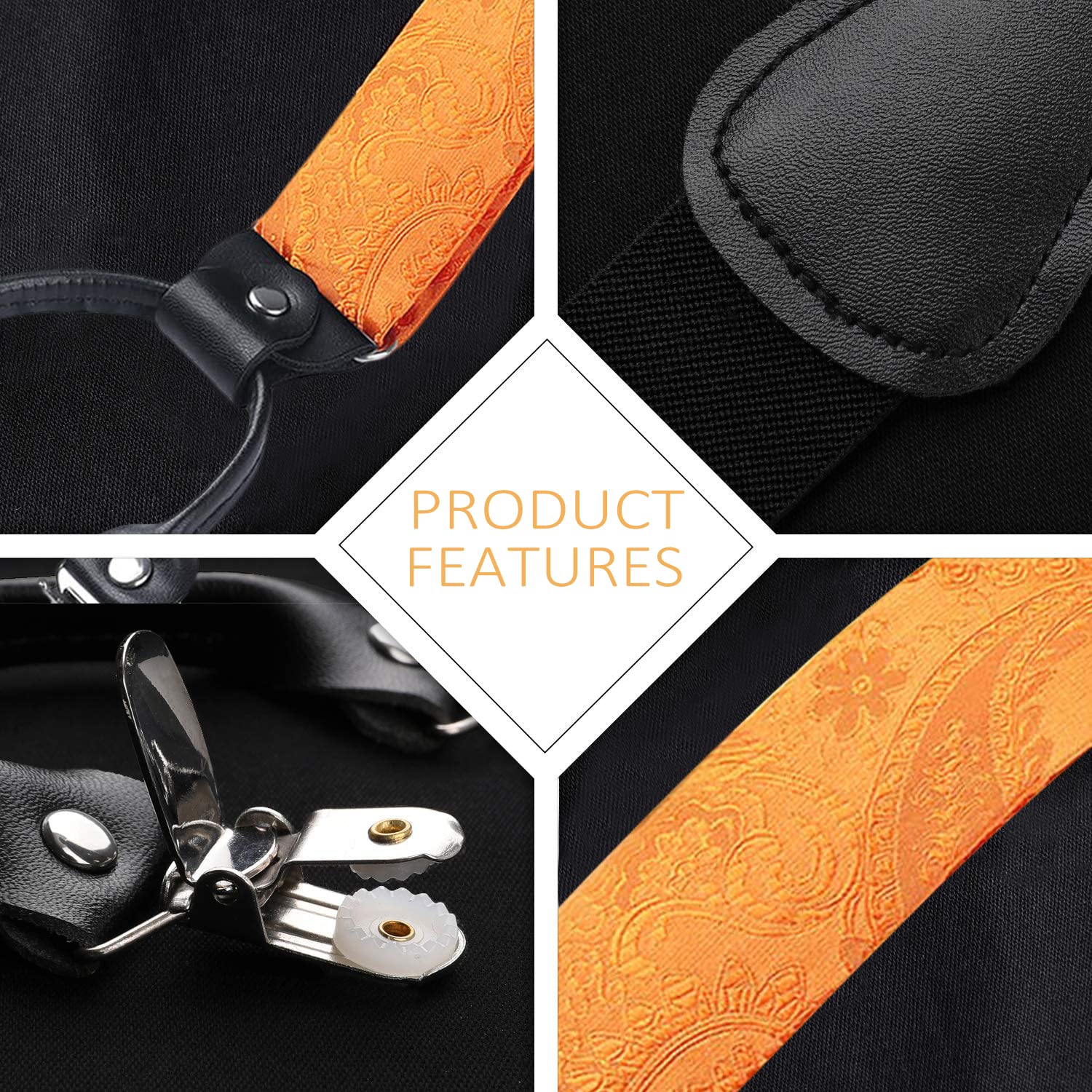 Floral Paisley Suspender Pre-Tied Bow Tie Handkerchief - C4-ORANGE