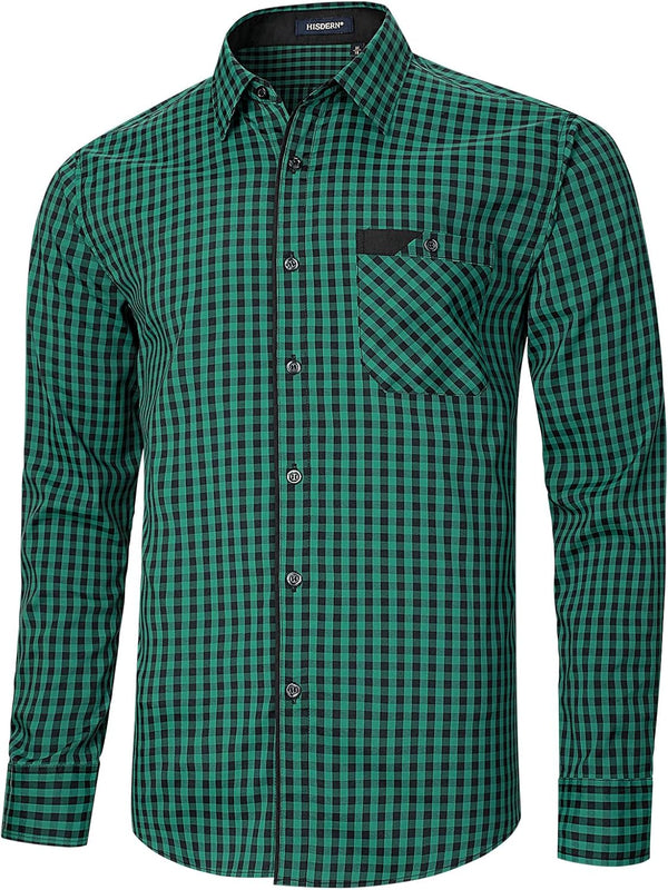 Men's Casual Long Sleeve Plaid Shirt - D-GREEN