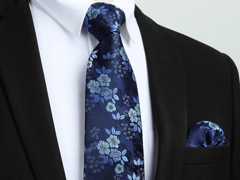 Floral Tie Handkerchief Cufflinks - NAVY BLUE