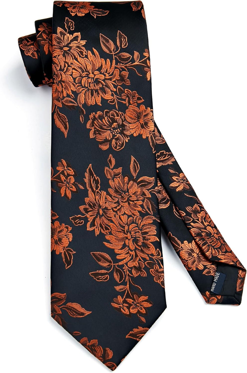 Floral Tie Handkerchief Cufflinks - BLACK/ORANGE