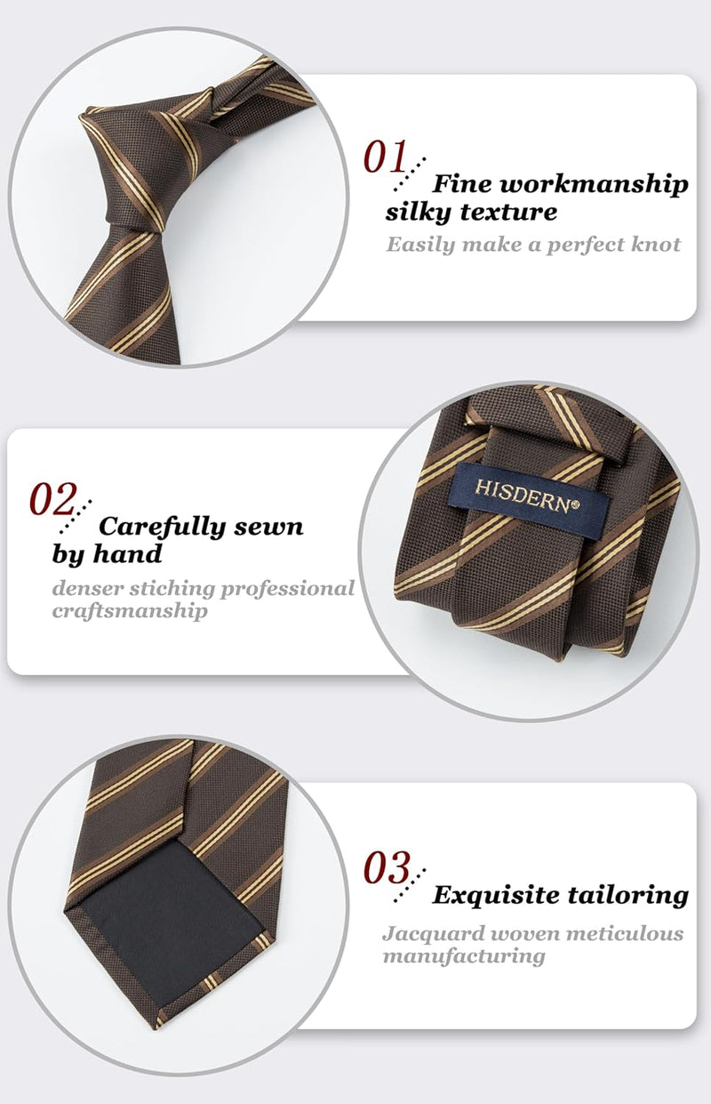 Stripe Tie Handkerchief Set - A-09-BROWN/GOLD