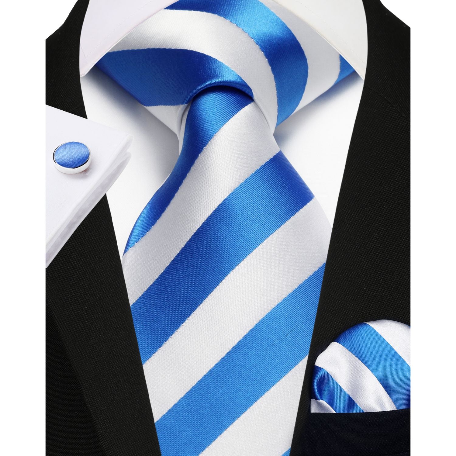 Stripe Tie Handkerchief Cufflinks - C01-BLUE & WHITE