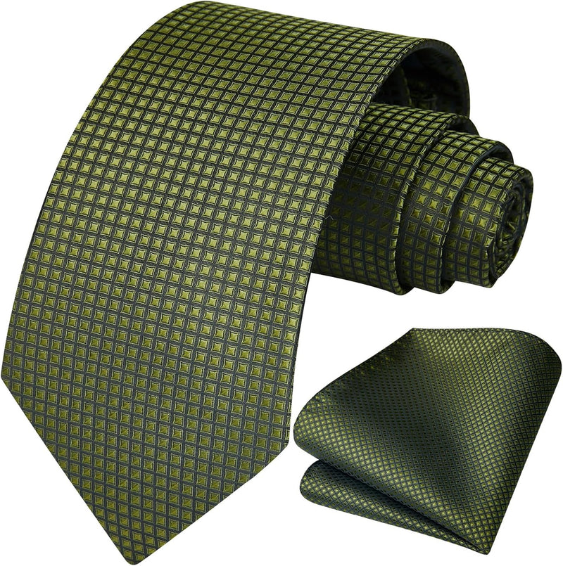 Plaid Tie Handkerchief Set - 021-OLIVE