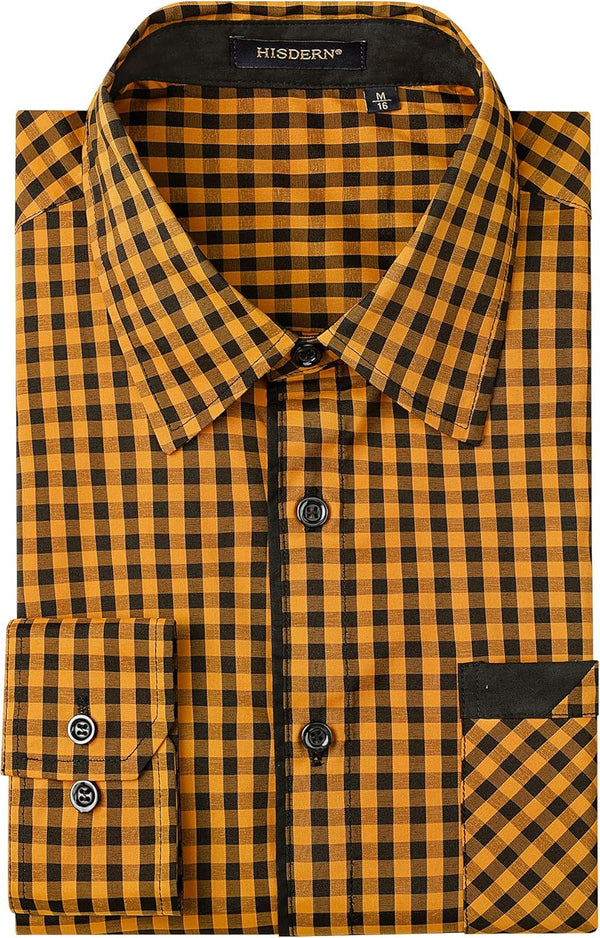 Men's Casual Long Sleeve Plaid Shirt - C-YELLOW