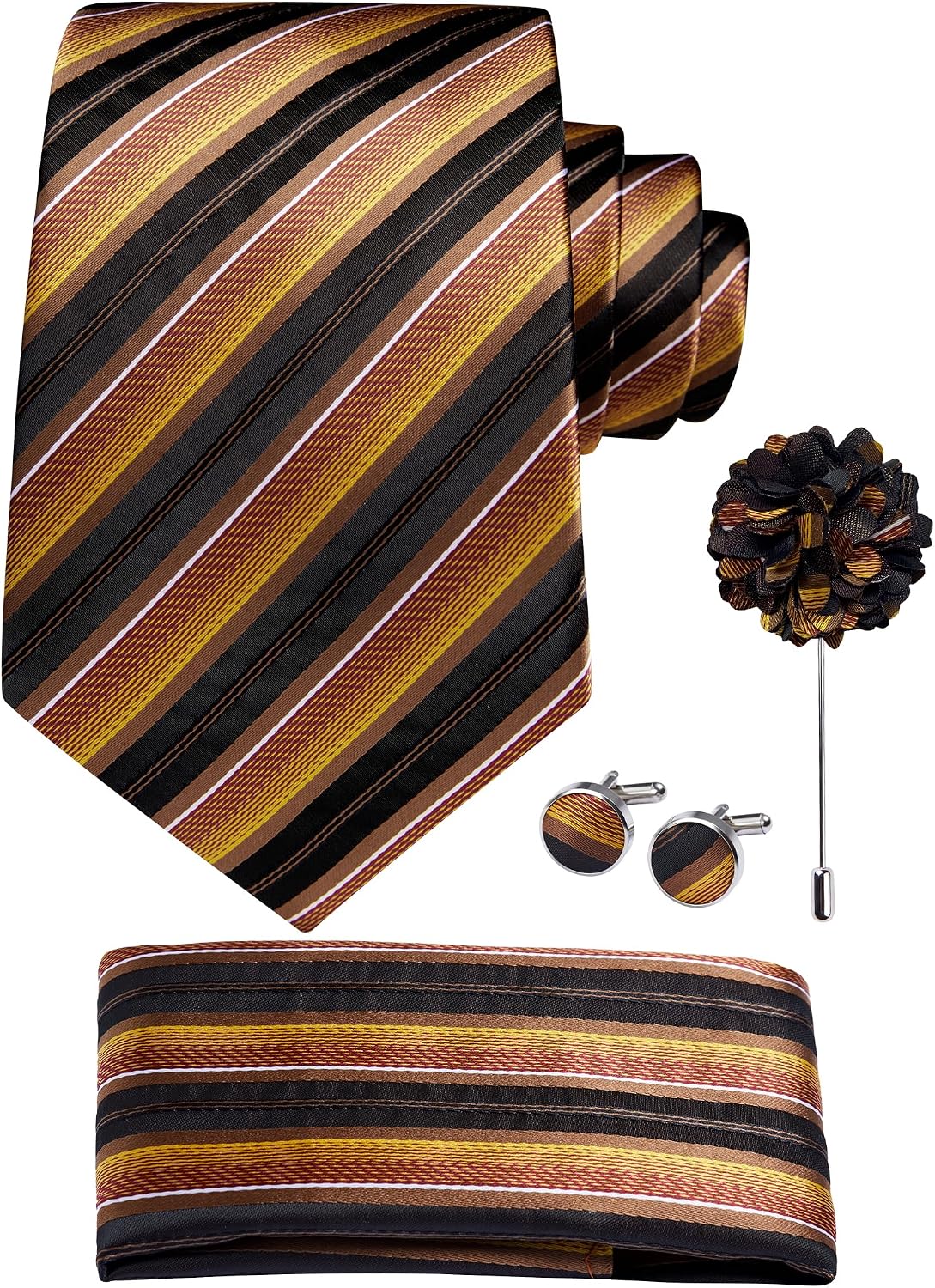 Hisdern Men's Striped 4-Piece Tie Set in Brown Burnt Orange for Weddings & Formal Wear