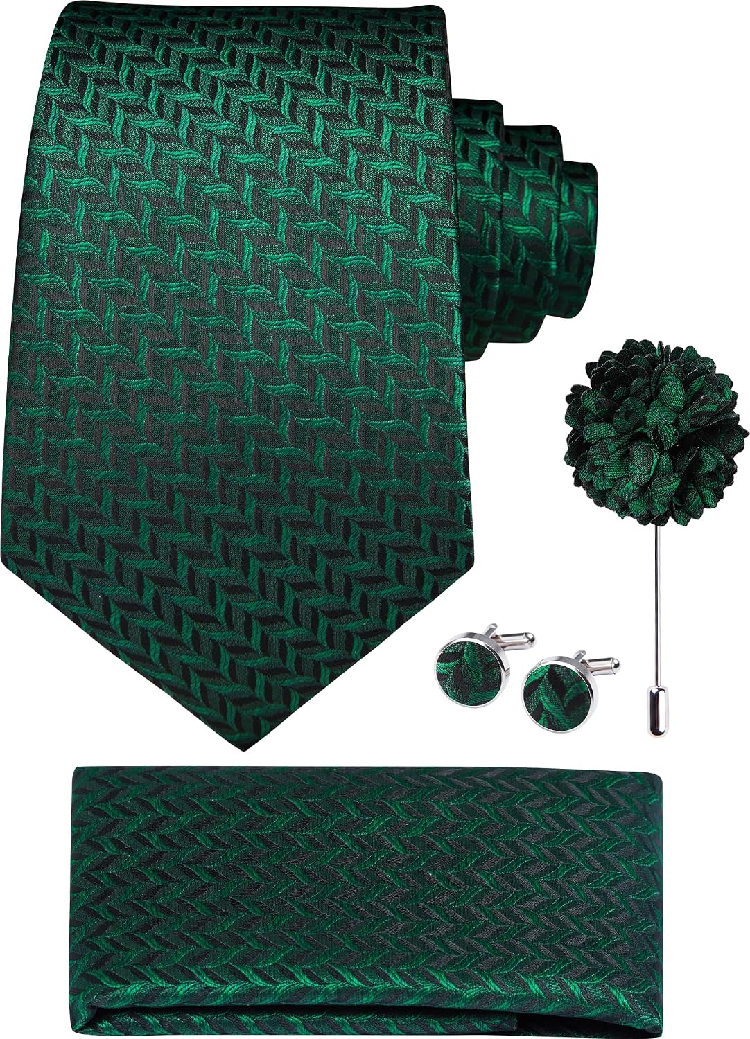 Hisdern Men's Houndstooth 4-Piece Tie Set in Dark Green for Weddings & Formal Wear