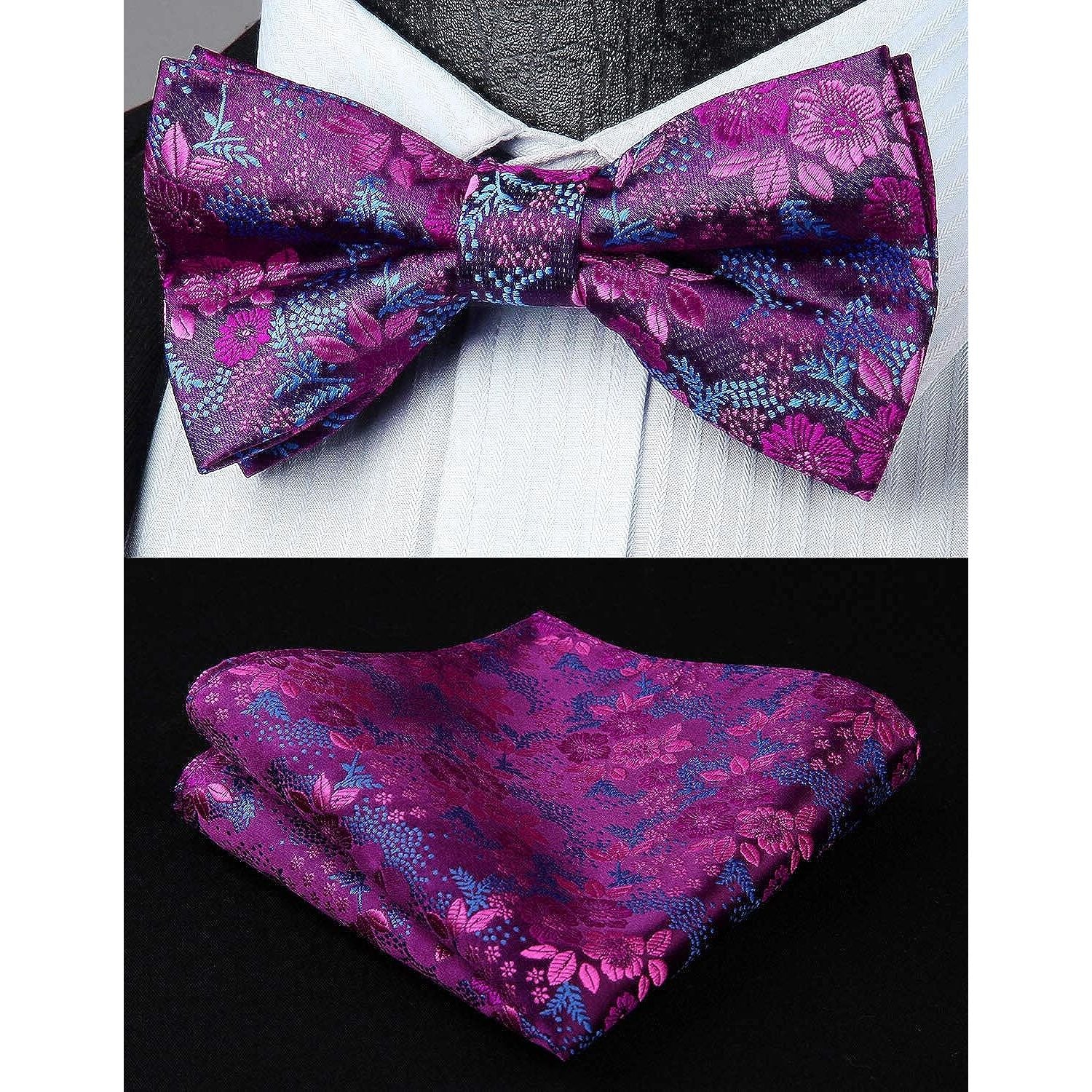 Floral Pre-Tied Bow Tie & Pocket Square - D-PURPLE 5