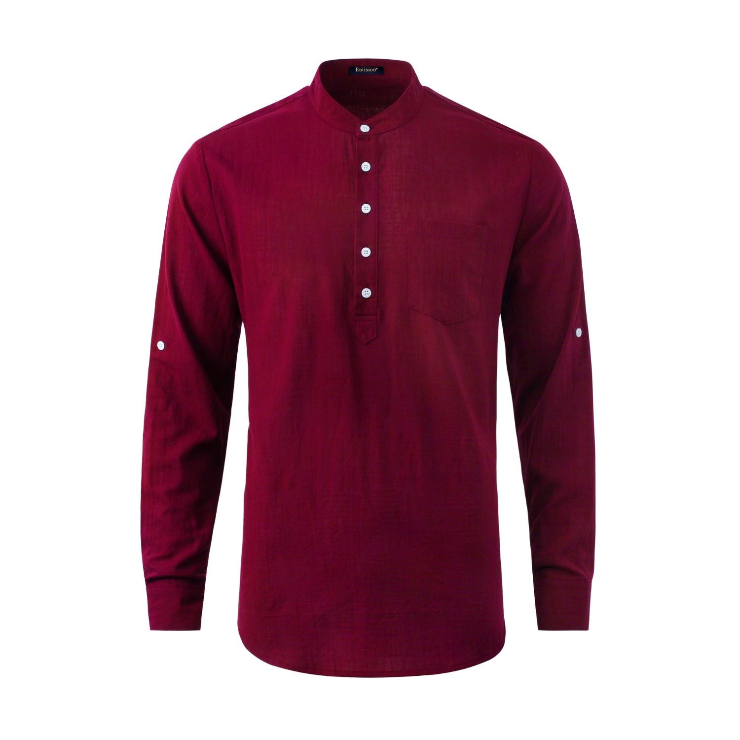 Casual Henley Shirt with Pocket - BURGUNDY