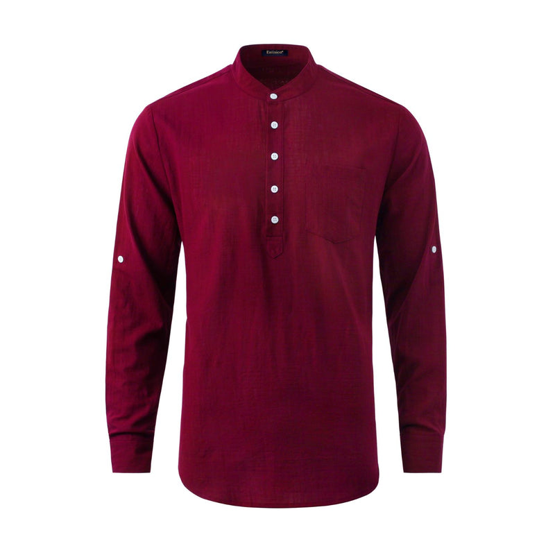 Casual Henley Shirt with Pocket - BURGUNDY 