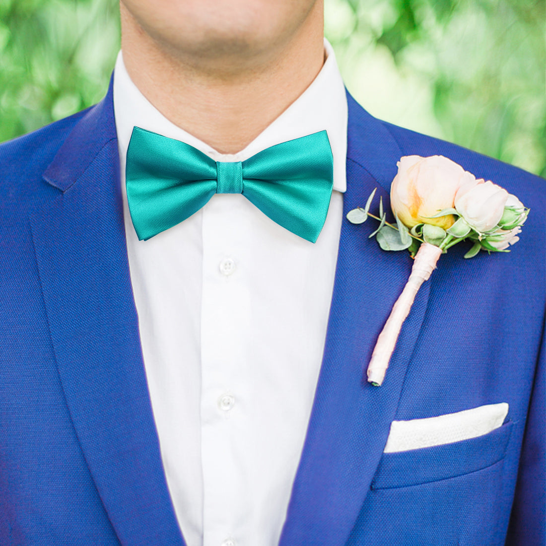Solid Pre-Tied Bow Tie & Pocket Square - AQUA TEAL