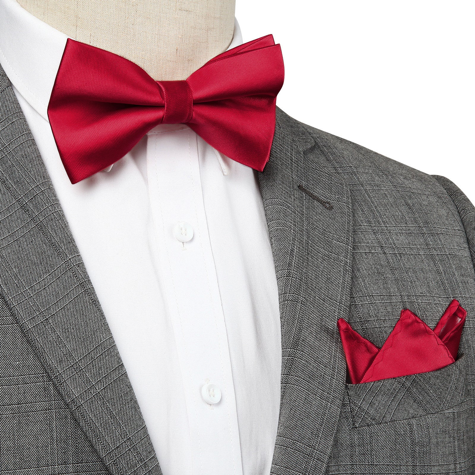 Solid Pre-Tied Bow Tie & Pocket Square - U-BURGUNDY 1