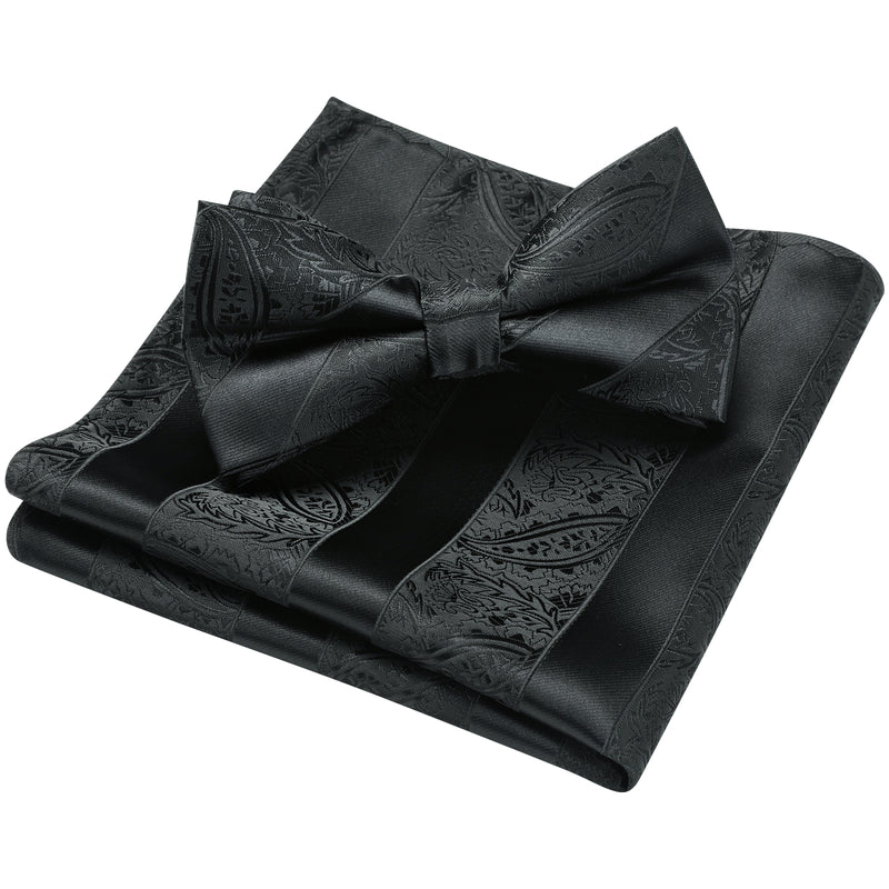 Paisley Pre-Tied Bow Tie & Pocket Square - H-BLACK1 