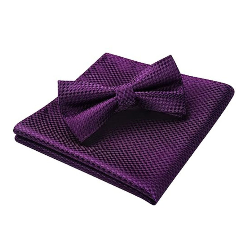 Plaid Pre-Tied Bow Tie & Pocket Square - PURPLE