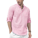 Men‘s Henley Shirt Long Sleeve with Pocket - PINK