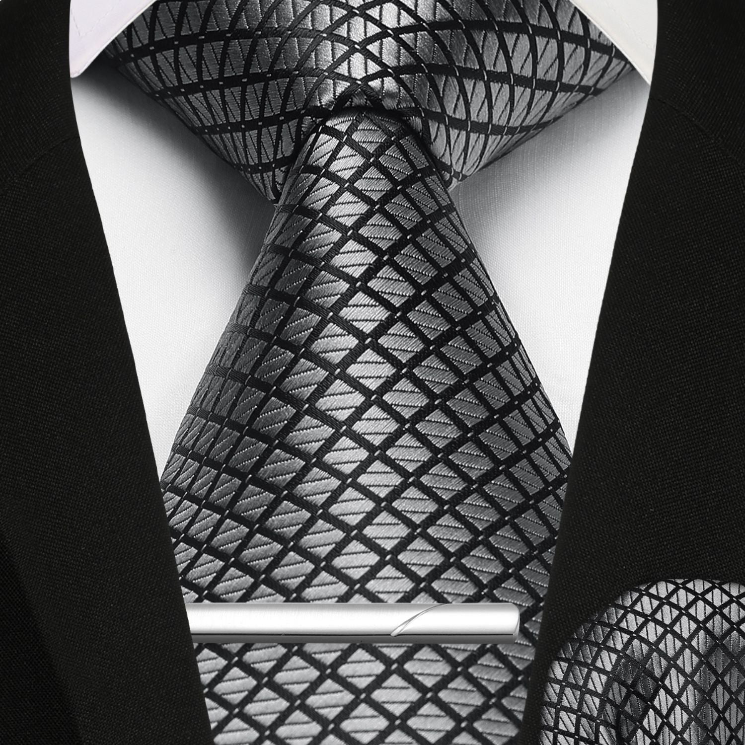 Men's Plaid Tie Handkerchief Clip - GREY-6