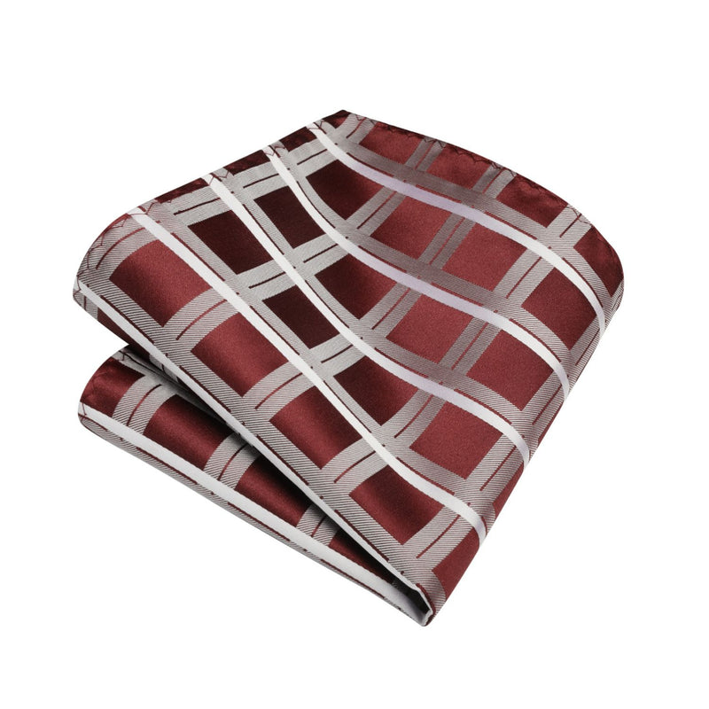 Plaid Tie Handkerchief Set - BURGUNDY/WHITE